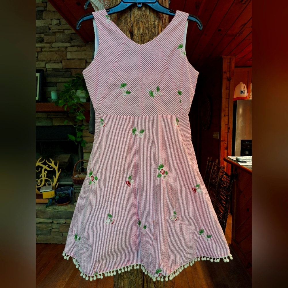 Pink and White Striped Dress with Floral Embroidery By Rare Editions Girls 16